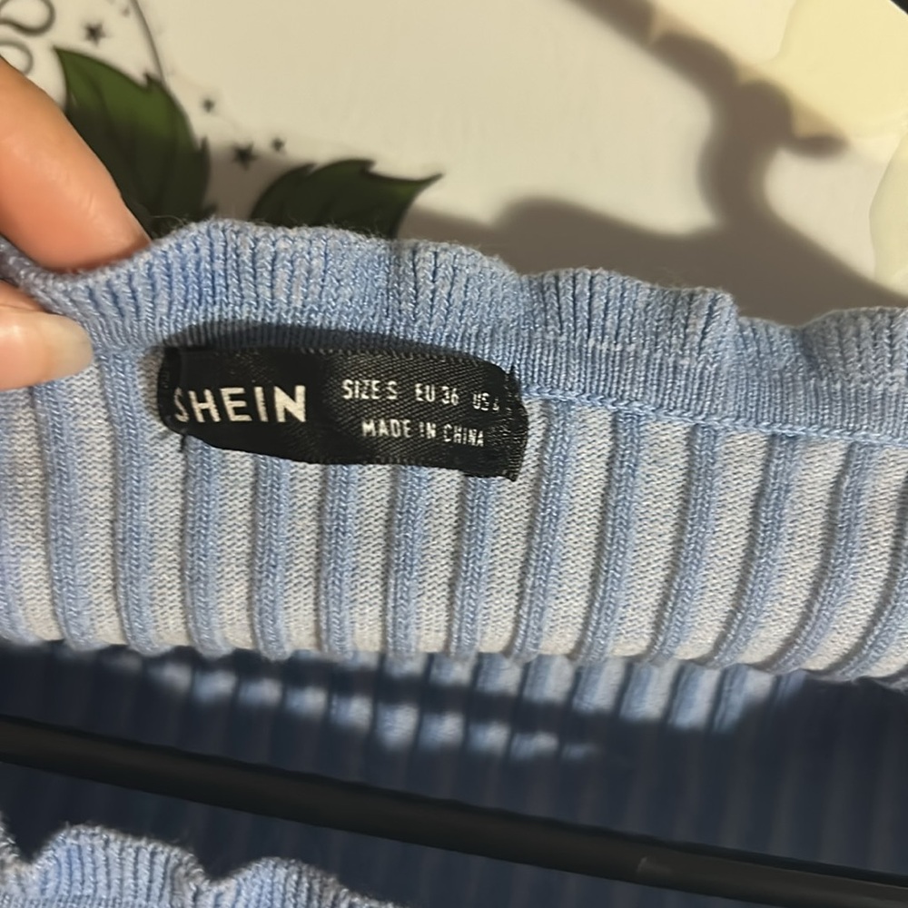 Blue Ribbed Ruffle Trim Top - Picture 2 of 3